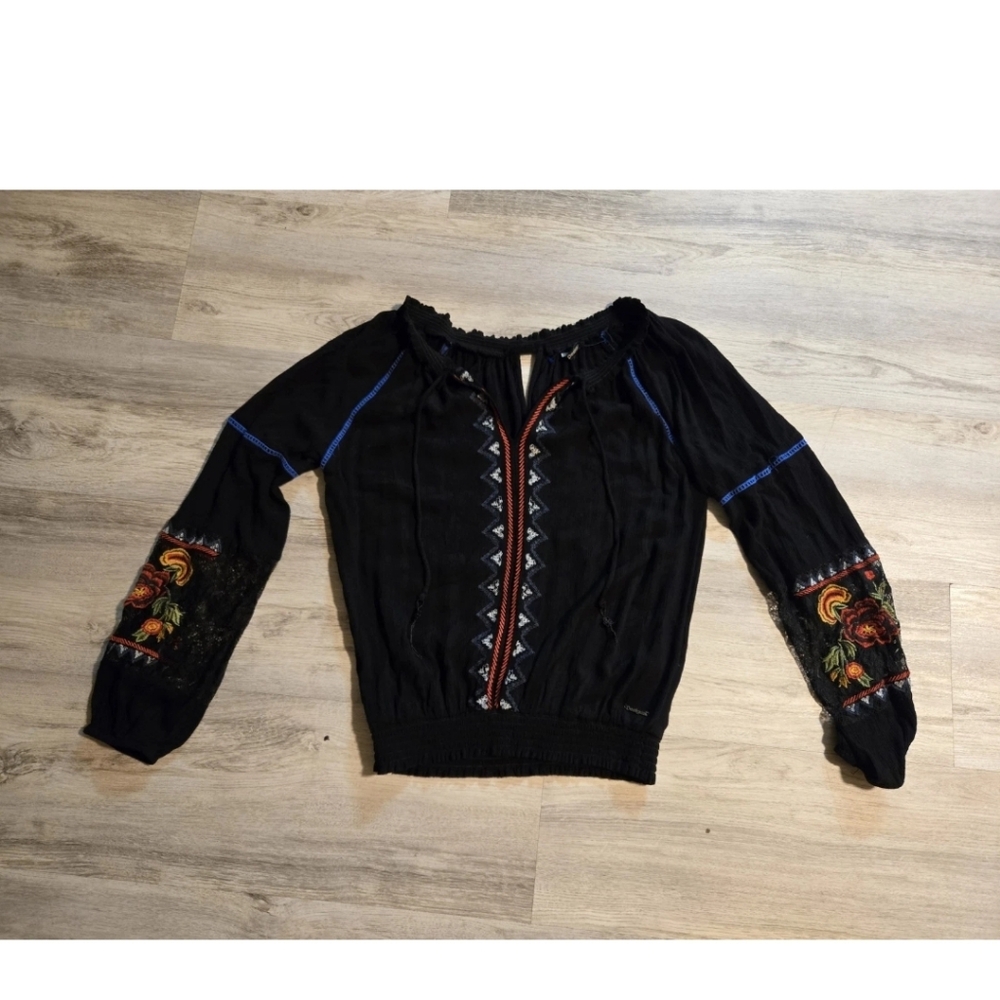 Desigual S Long Sleeve Blouse Floral Black Embroidery